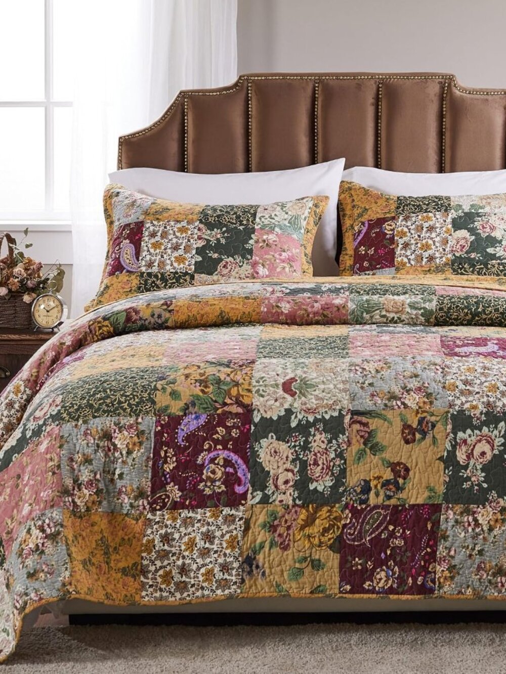 Greenland Home Antique Chic Authentic Patchwork Cotton Quilt Set, Natural, 3-Pie